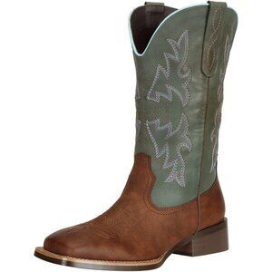 J's.o.l.e Women Brown Turquoise Square Toe Western Cowboy Boots for Ladies